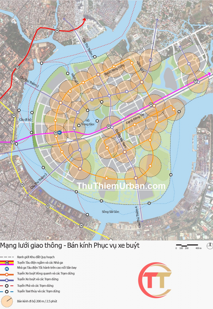 mạng lưới giao thông thủ thiêm - bán kính phục vụ xe buyt (bus)