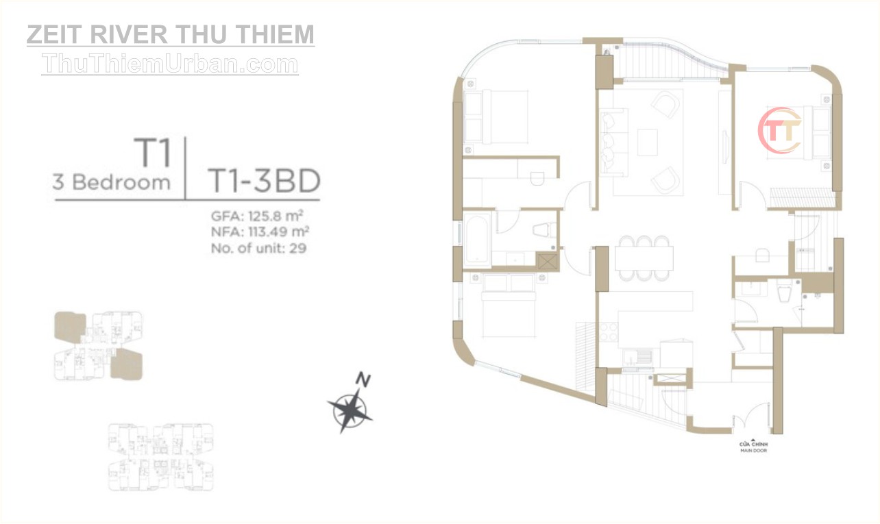 mặt bằng (layout) căn hộ zeit river thủ thiêm - tháp T1 - 3 phòng ngủ - GS