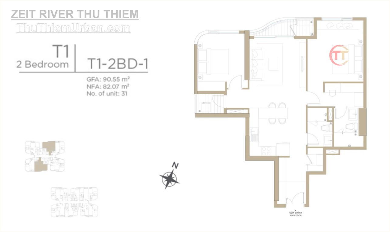 mặt bằng (layout) căn hộ zeit river thủ thiêm - tháp T1 - 2 phòng ngủ - mẫu 1