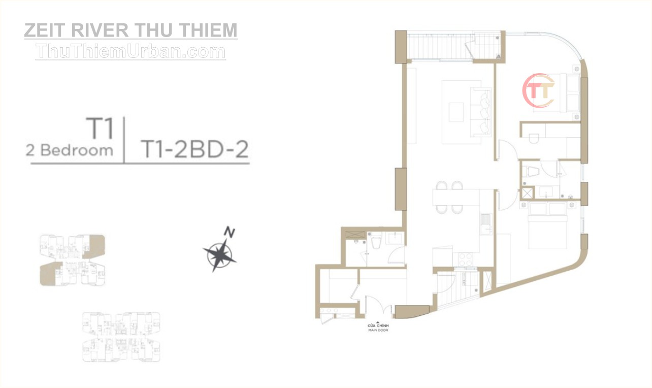 mặt bằng (layout) căn hộ zeit river thủ thiêm - tháp T1 - 2 phòng ngủ - mẫu 2 - thủ đức