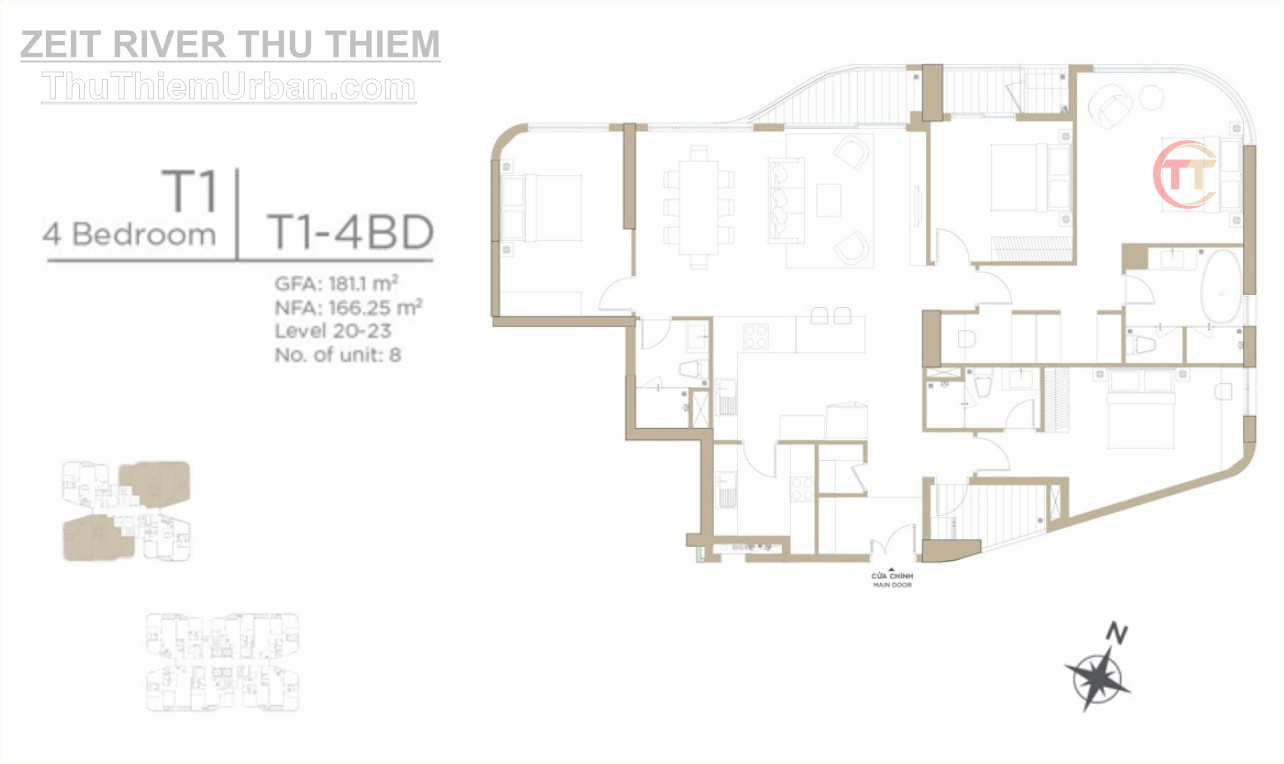 mặt bằng (layout) căn hộ zeit river thủ thiêm - tháp T1 - 4 phòng ngủ - GS E&C