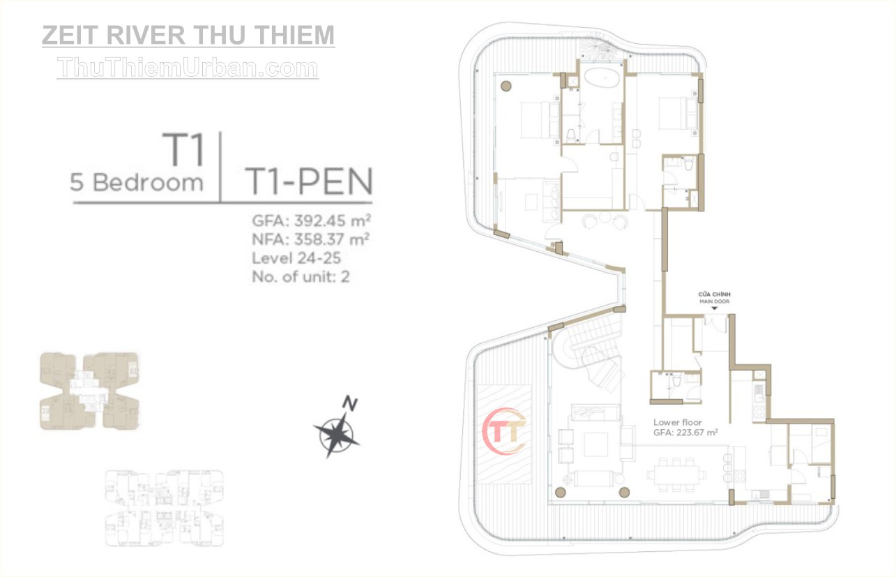 mặt bằng (layout) căn hộ zeit river thủ thiêm - tháp T1 - penhouse tầng dưới