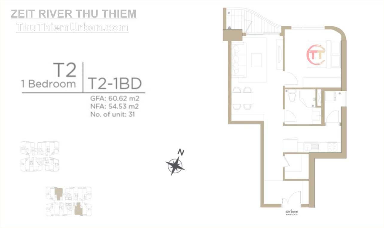 mặt bằng (layout) căn hộ zeit river thủ thiêm - tháp T2 - 1 phòng ngủ