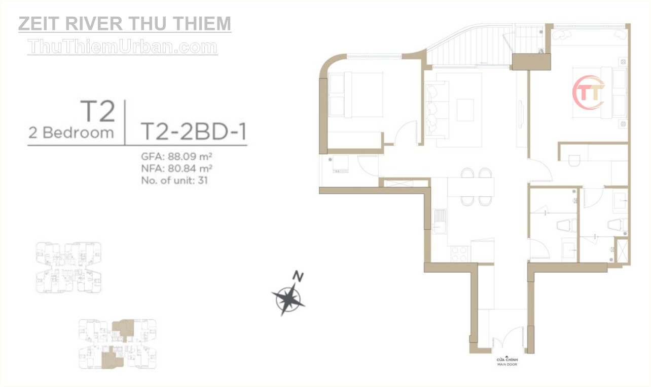 mặt bằng (layout) căn hộ zeit river thủ thiêm - tháp T2 - 2 phòng ngủ - mẫu 1
