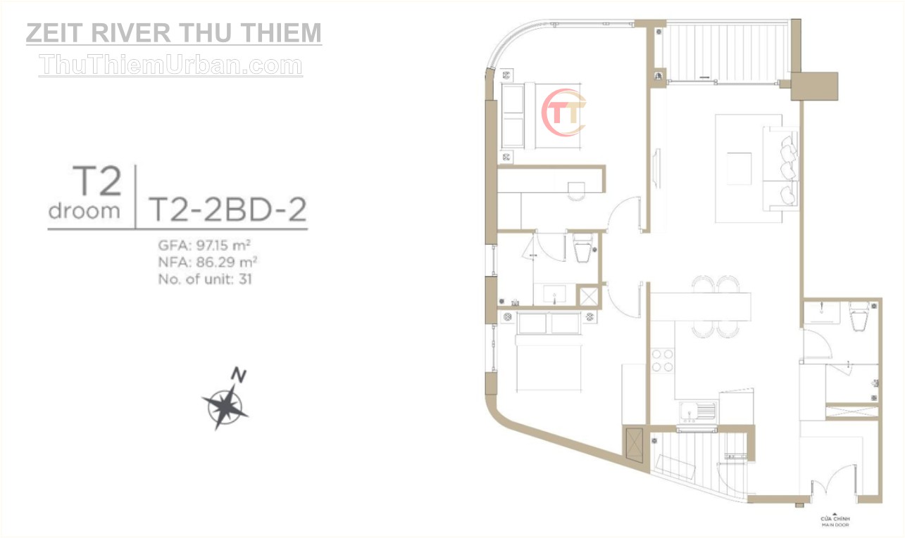 mặt bằng (layout) căn hộ zeit river thủ thiêm - tháp T2 - 2 phòng ngủ - mẫu 2 GS E&C