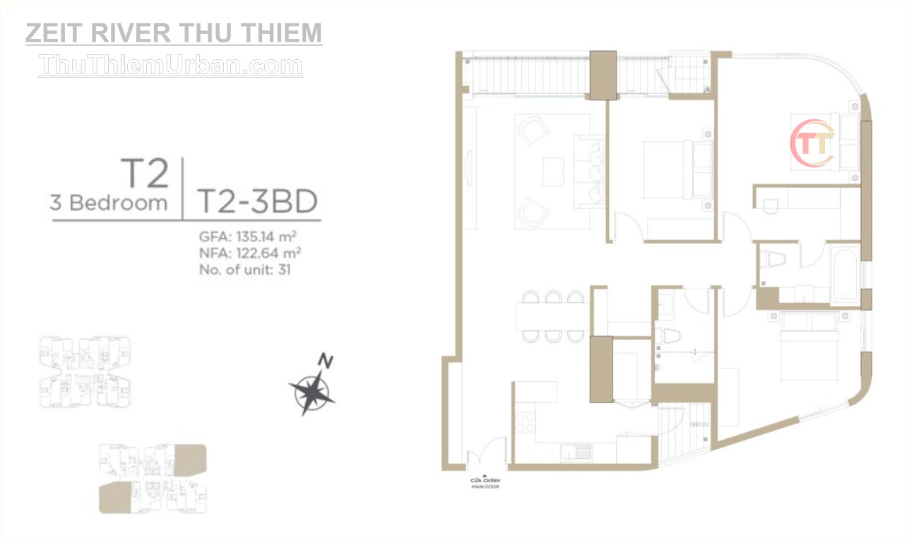 mặt bằng (layout) căn hộ zeit river thủ thiêm - tháp T2 - 3 phòng ngủ - thủ đức