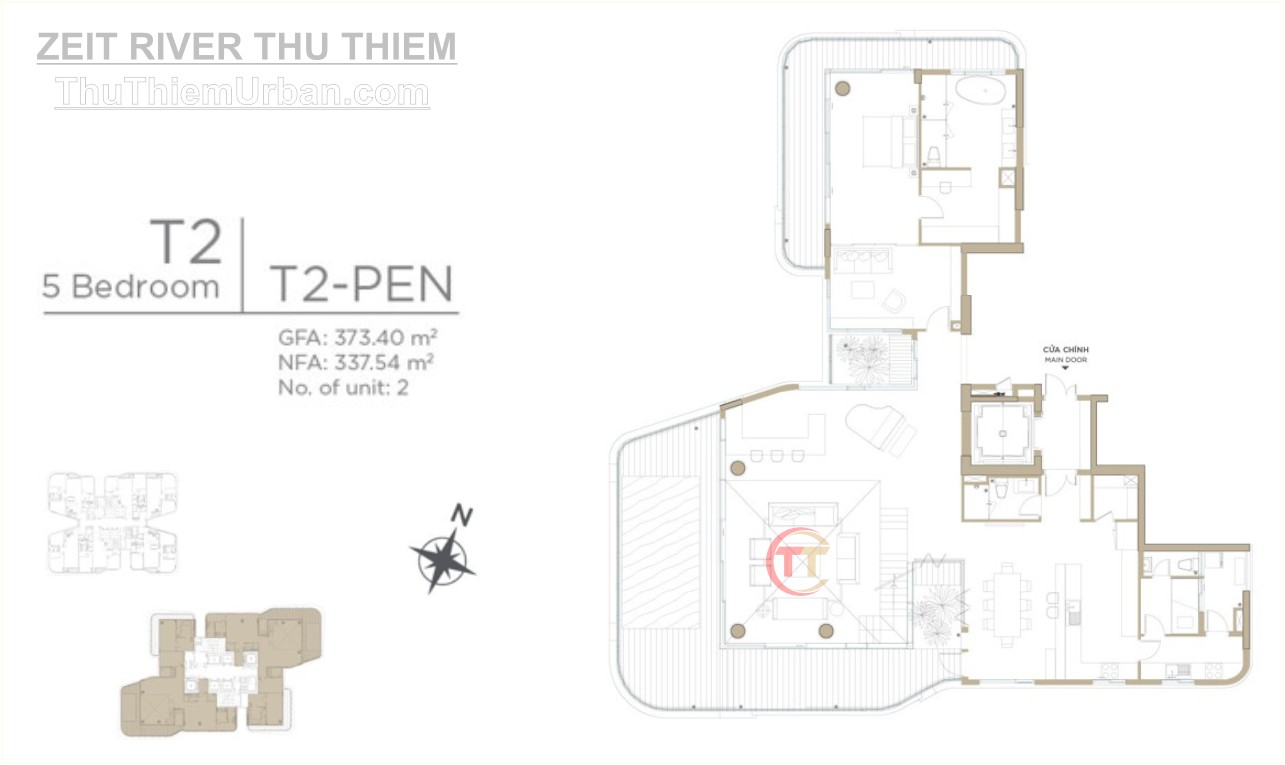 mặt bằng (layout) căn hộ zeit river thủ thiêm - tháp T2 - penhouae tầng 1 - trần bạch đằng