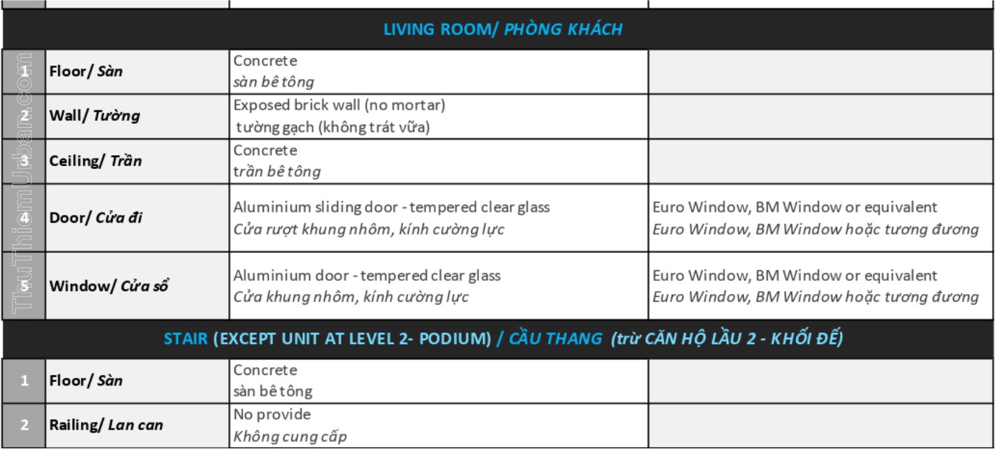 vật liệu bàn giao shophouse, nhà phố, duplex, penhouse zeit river thủ thiêm - phòng khách