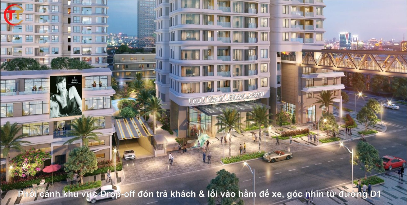 phối cảnh khối đế zeit river thủ thiêm -khu vực đón trả khách và lối vào hầm góc nhìn từ đường D1