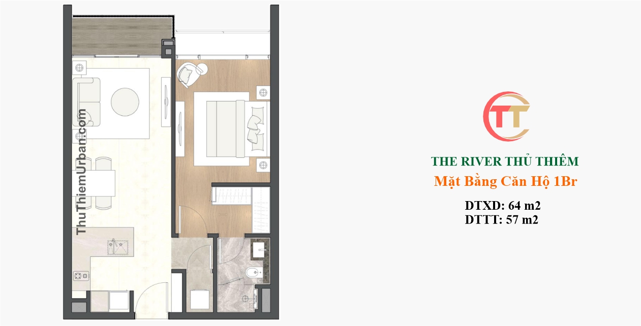 mặt bằng (layout) căn hộ 1 phòng ngủ - the river thủ thiêm - nguyễn cơ thạch