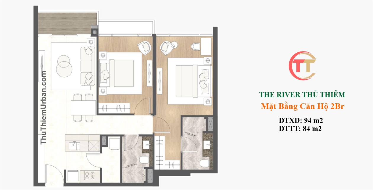 mặt bằng (layout) căn hộ 2 phòng ngủ - the river thủ thiêm - trần bạch đằng