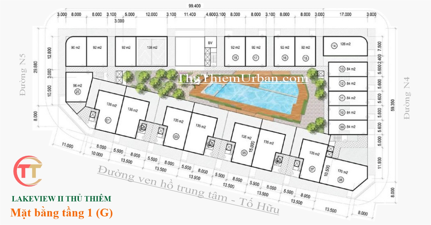 mặt bằng (layout) nhà phố, shophouse lakeview 2 cii thủ thiêm - tầng 1 - trệt
