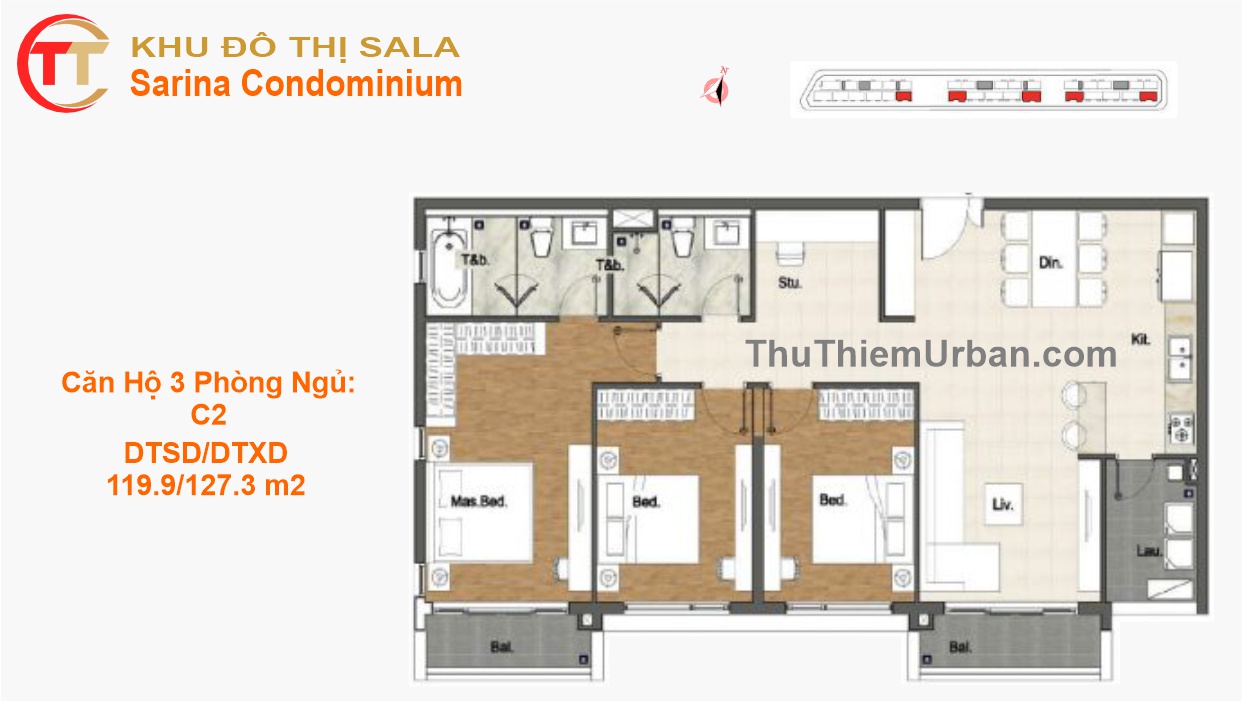 mặt bằng layout căn hộ dự án sarina sala thủ thiêm - 3 phòng ngủ C2 quận 2