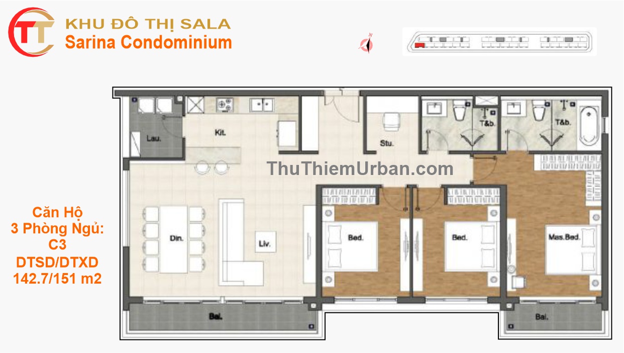 mặt bằng layout căn hộ dự án sarina sala thủ thiêm - 3 phòng ngủ C3 thủ đức