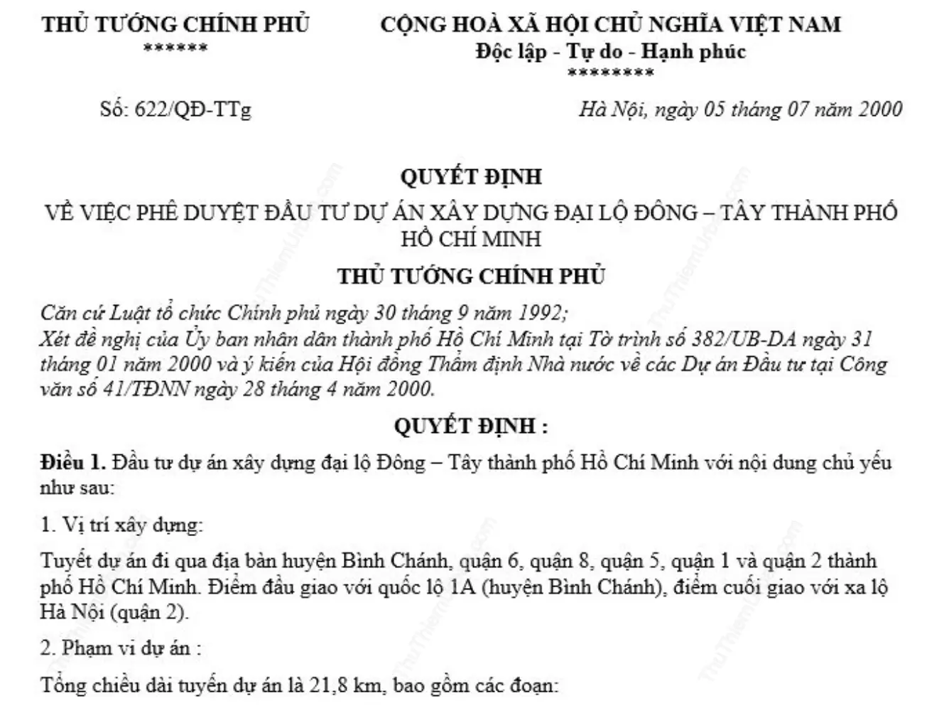 quyết định về việc phê duyệt đầu tư dự án xây dựng đại lộ Đông Tây thành phố Hồ Chí Minh