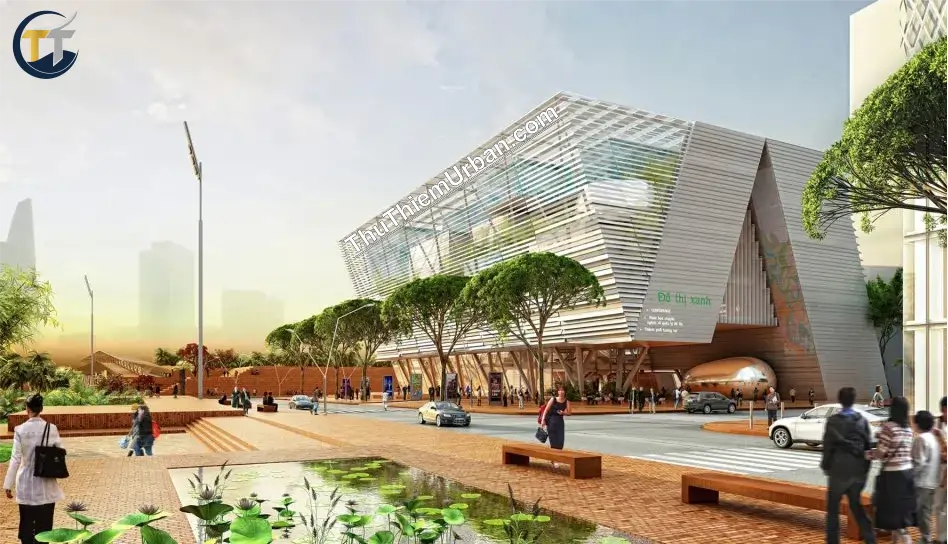 phối cảnh không gian bên ngoài trung tâm triển lãm quy hoạch thành phố hồ chí minh tại thủ thiêm new