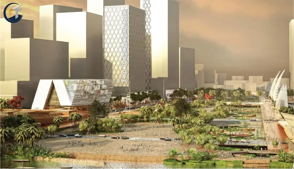 phối cảnh không gian bên ngoài trung tâm triển lãm quy hoạch thành phố hồ chí minh tại thủ thiêm - quảng trường trung tâm new