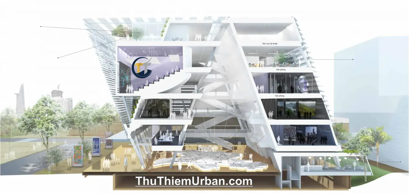 phối cảnh không gian bên trong trung tâm triển lãm quy hoạch thành phố hồ chí minh tại thủ thiêm new