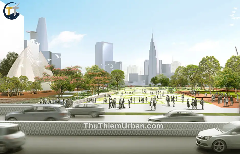 phối cảnh quảng trường trung tâm thủ thiêm - góc nhìn từ đại lộ vòng cung trần bạch đằng new