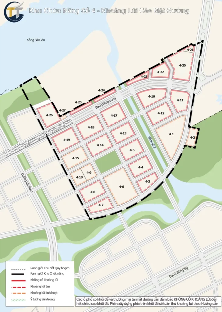 quy hoạch khu chức năng số 4 thủ thiêm, quận 2 - khoảng lùi các mặt đường new