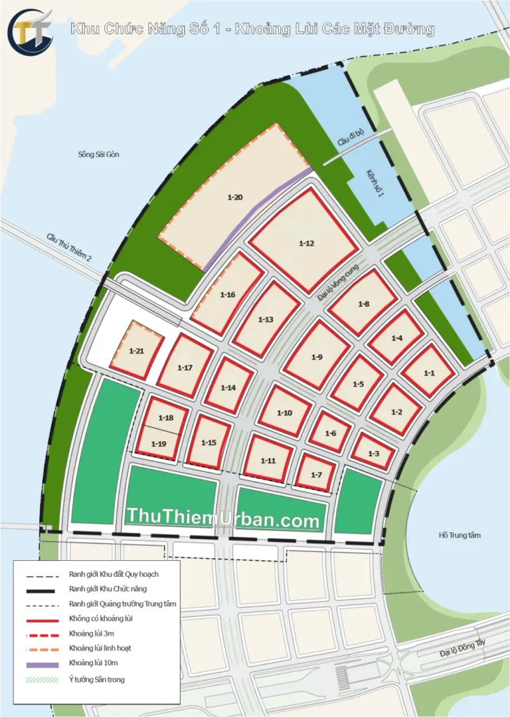 quy hoạch khu chức năng số 1 thủ thiêm - khoảng lùi các mặt đường new
