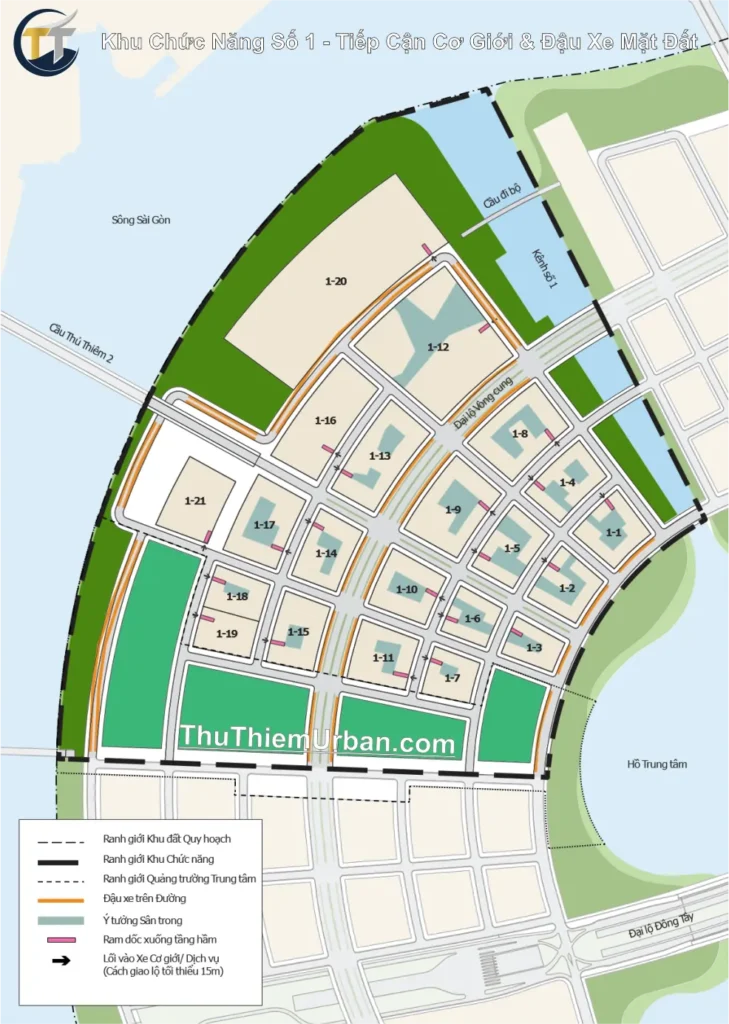 quy hoạch khu chức năng số 1 thủ thiêm - tiếp cận cơ giới và đậu xe mặt đất new