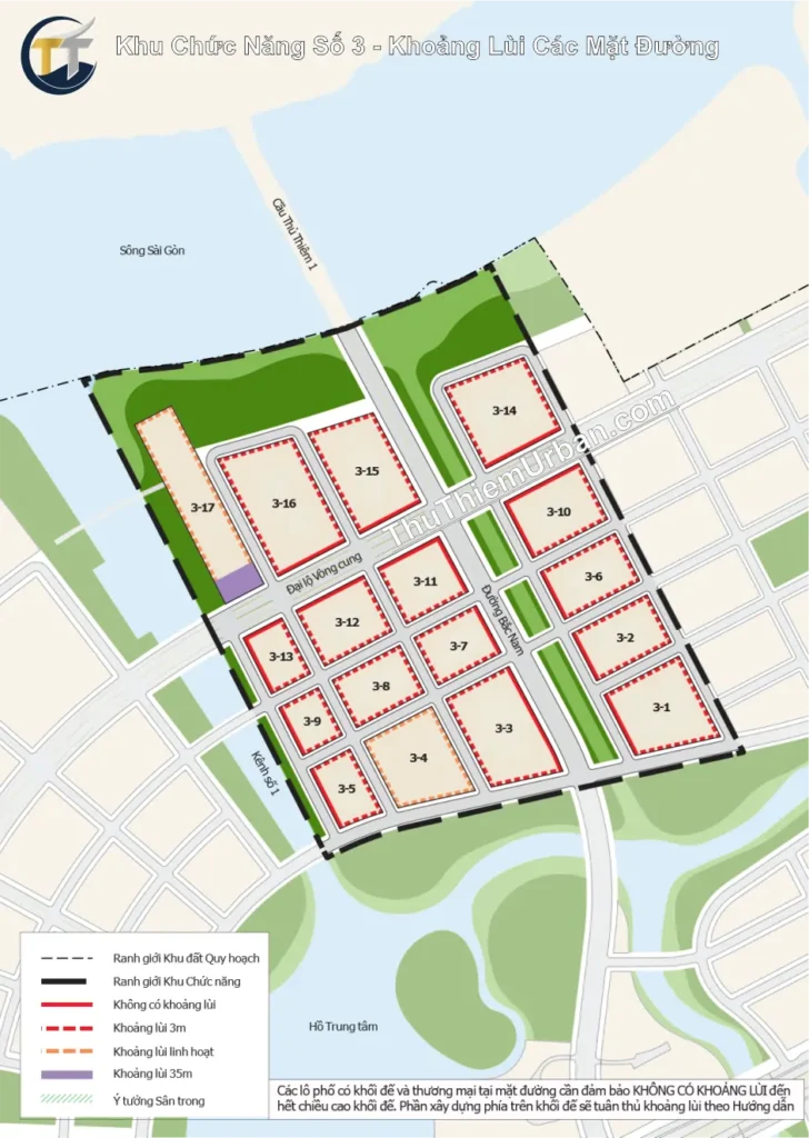 quy hoạch khu chức năng số 3 đô thị mới thủ thiêm - khoảng lùi các mặt đường new