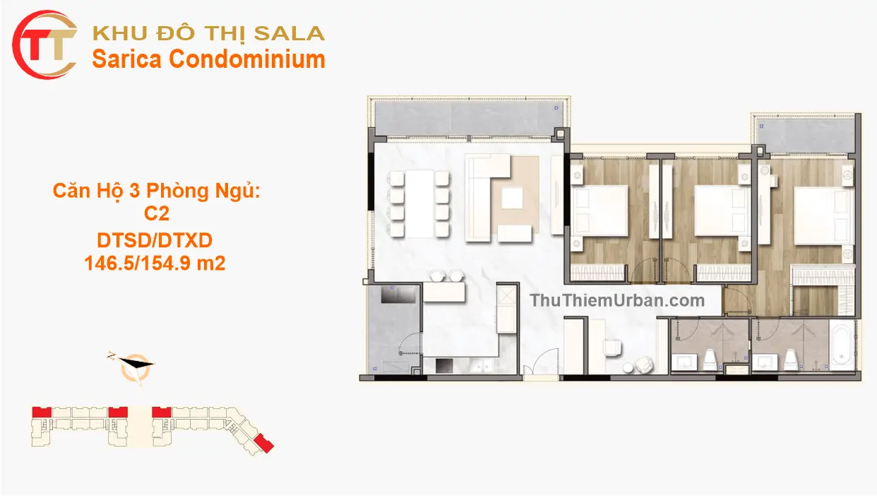 mặt bằng (layout) căn hộ Sarimi Sala 3PN-C2