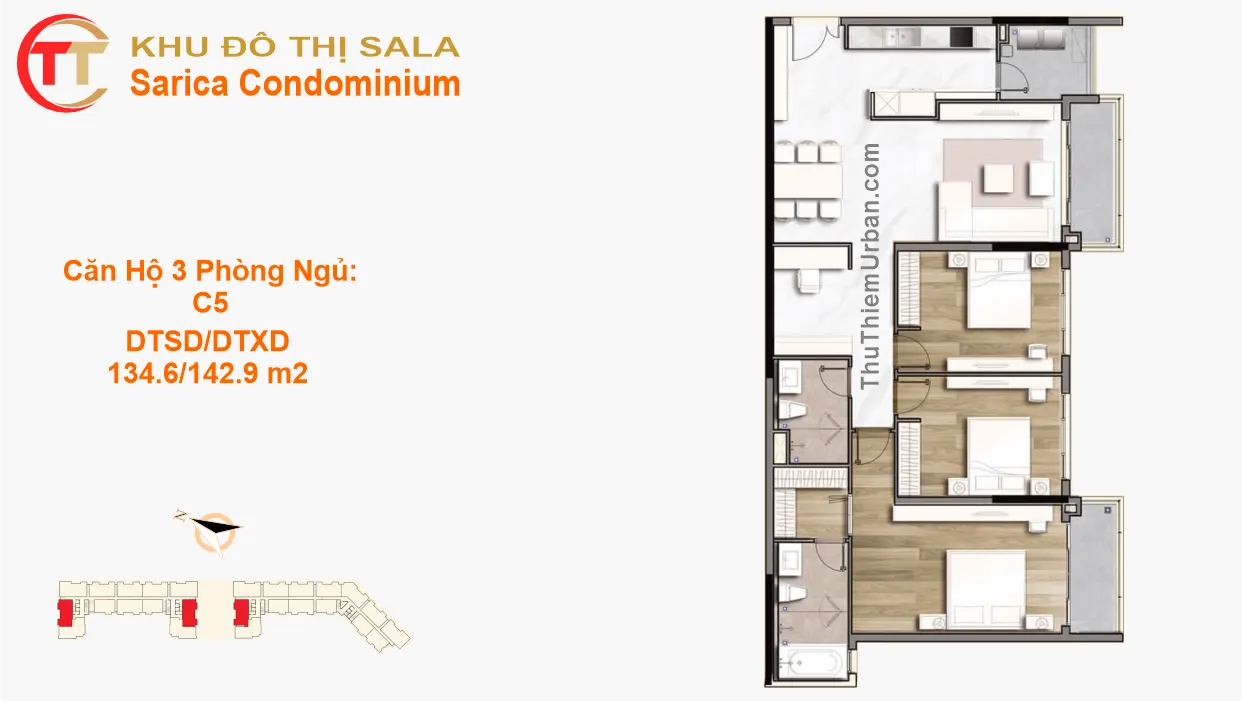 mặt bằng (layout) căn hộ Sarimi Sala 3PN-C5