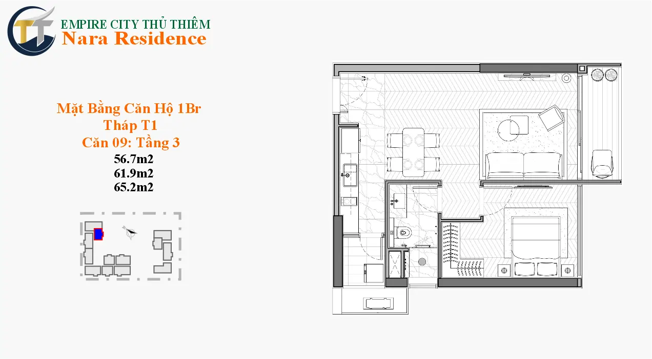 căn hộ nara residence empire - 1 phòng ngủ mẫu 1 new