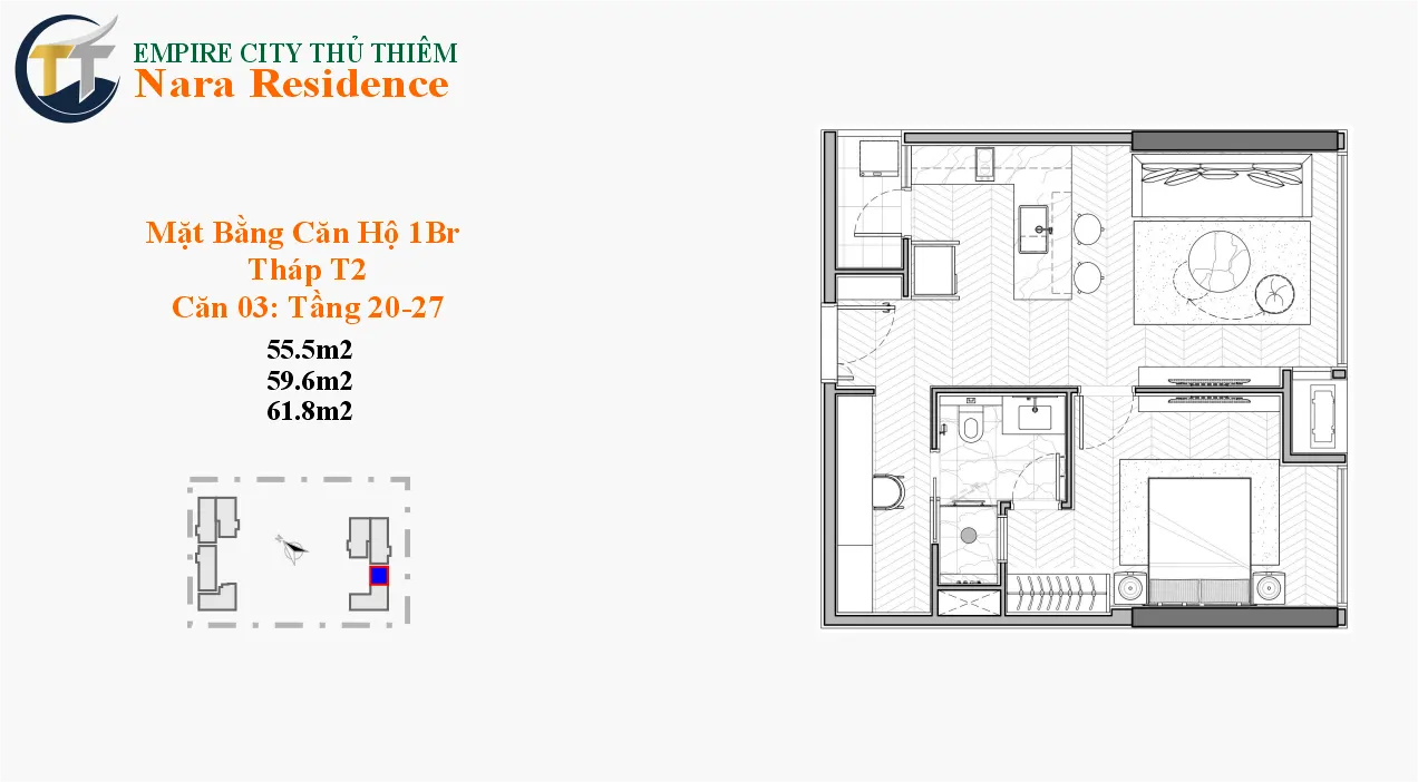 căn hộ nara residence empire - 1 phòng ngủ mẫu 2 thủ thiêm new