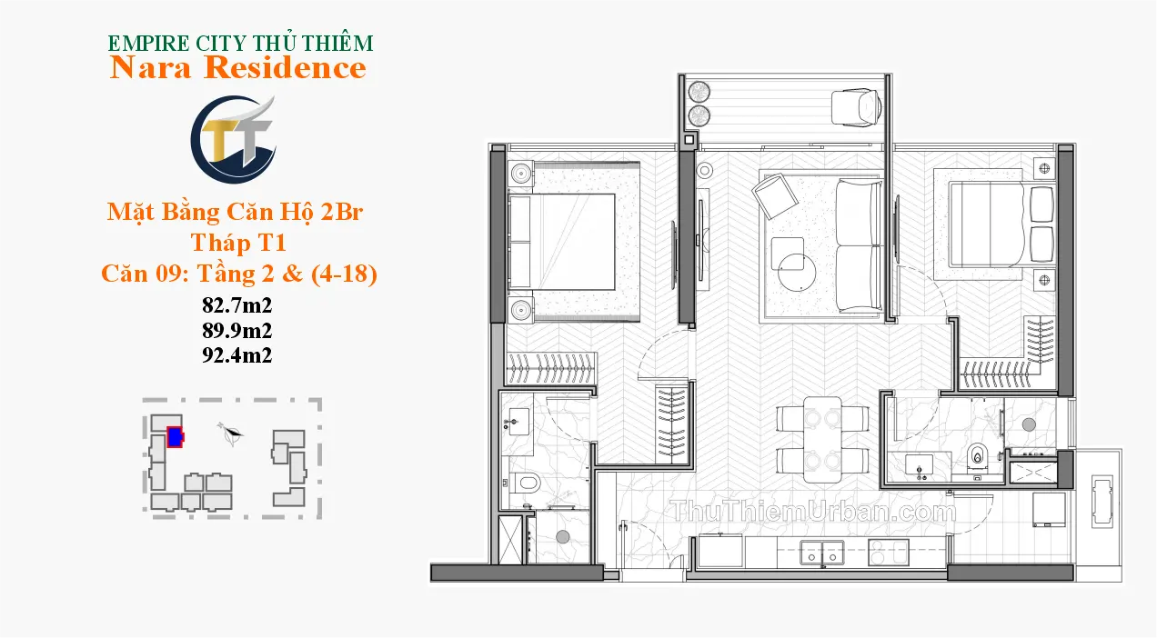 căn hộ nara residence - empire city thủ thiêm - 2 phòng ngủ mẫu 2 khu đô thị new