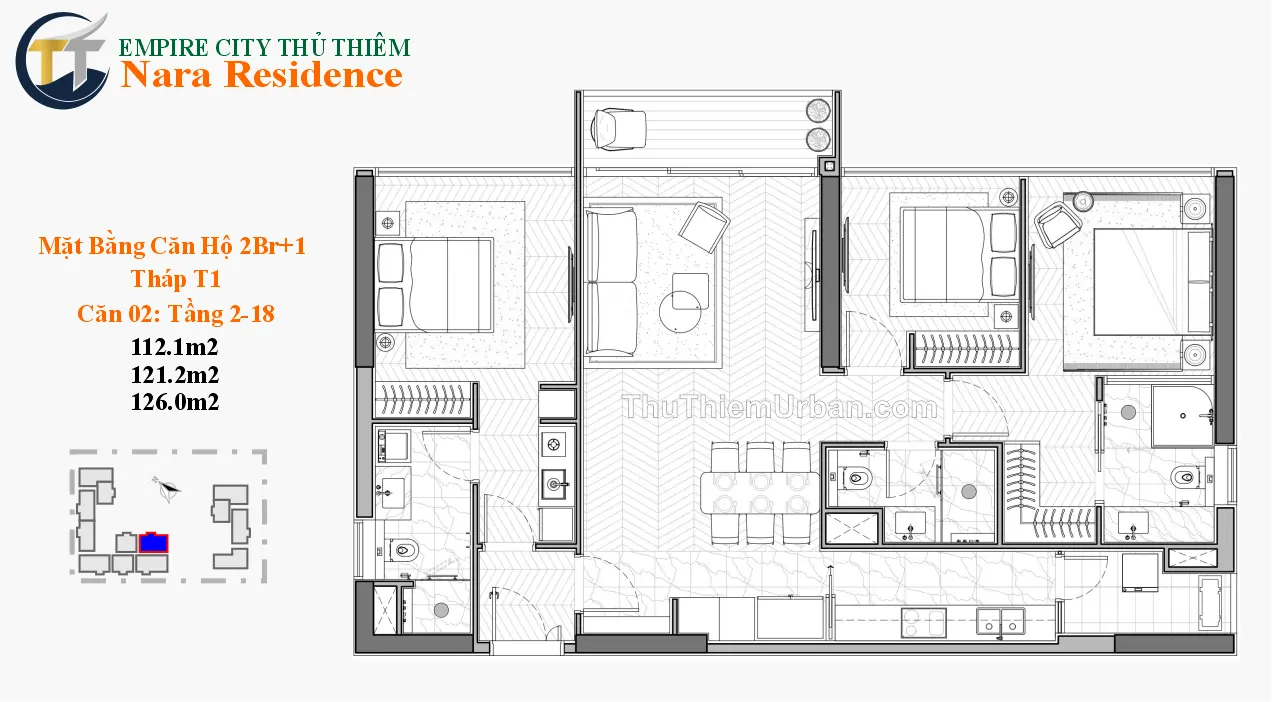 căn hộ nara residence - empire city thủ thiêm - 2PN+1 - mẫu 1 new