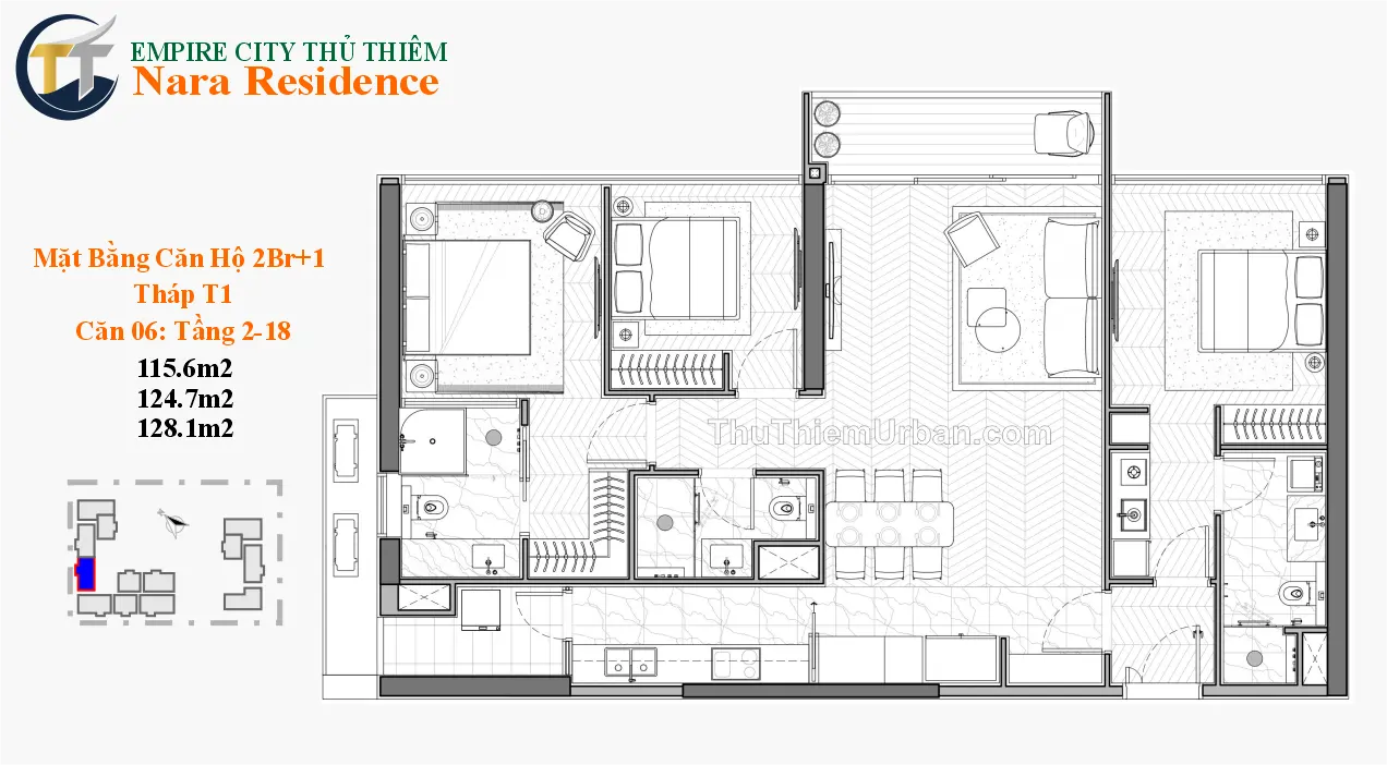 căn hộ nara residence - empire city thủ thiêm - 2PN+1 - mẫu 2 quận 2 new