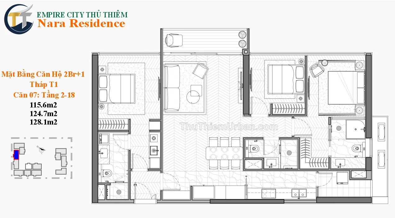 căn hộ nara residence - empire city thủ thiêm - 2PN+1 - mẫu 3 thủ đức new