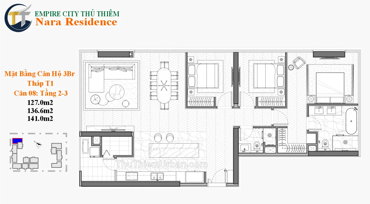 căn hộ nara residence - empire city thủ thiêm - 3 phòng ngủ mẫu 3 trần thái new
