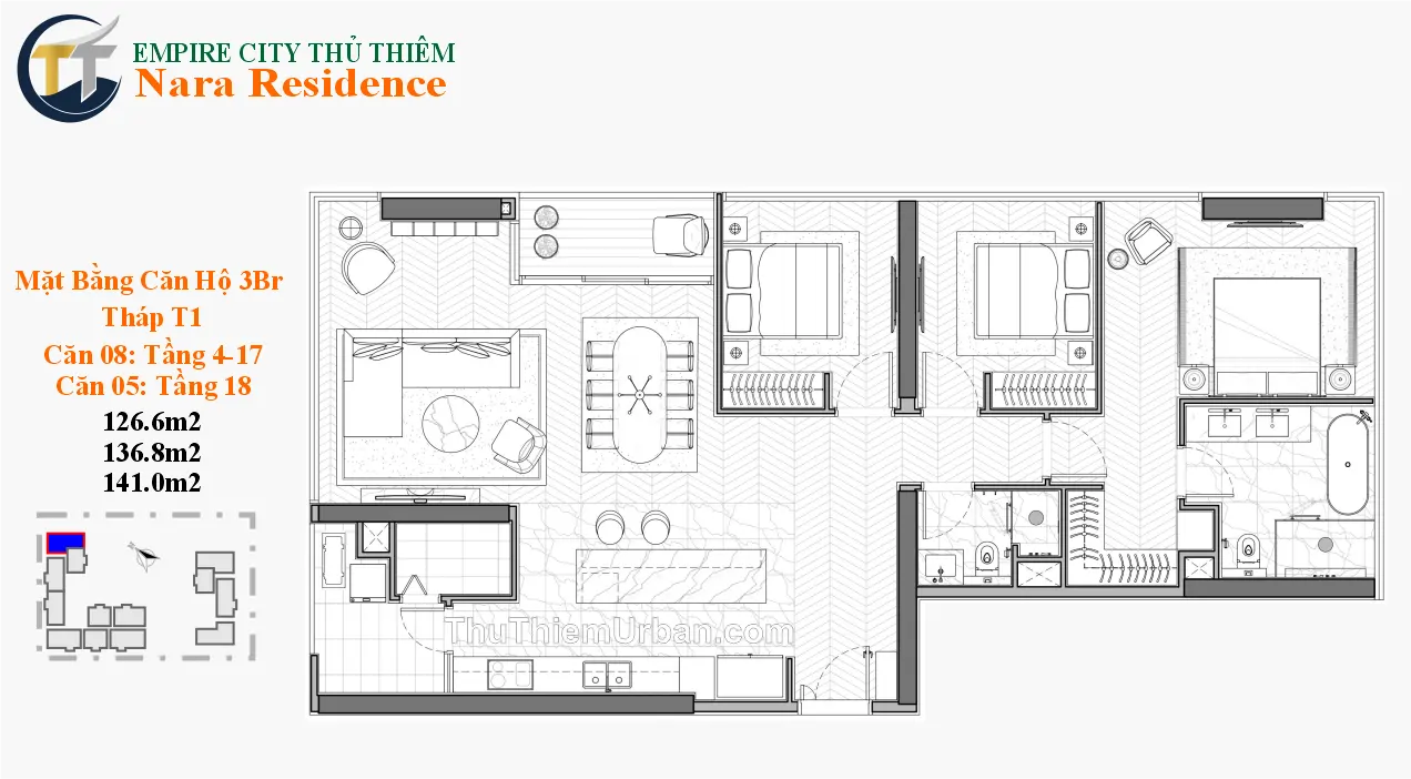 căn hộ nara residence - empire city thủ thiêm - 3 phòng ngủ mẫu 4 tiến phước new